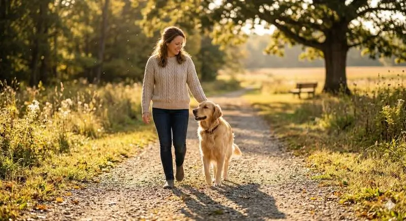 Woman walking calmly with golden retriever on sunny path