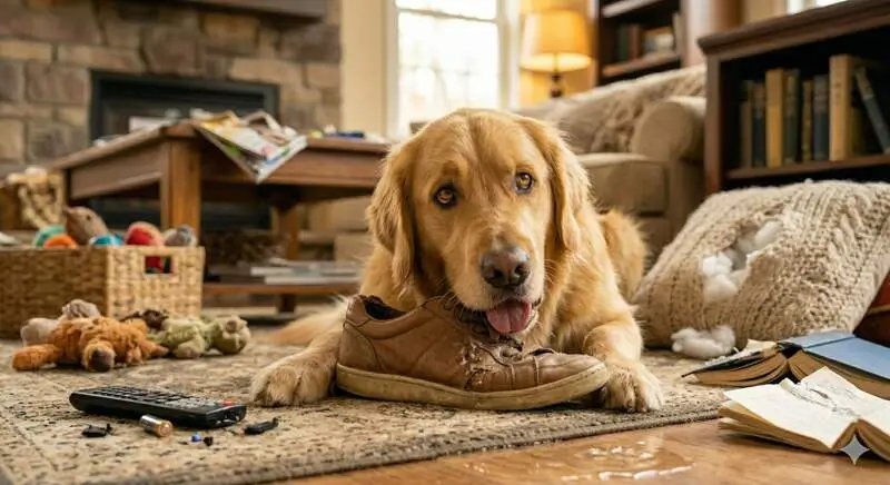 Golden retriever chewing shoe in messy living room